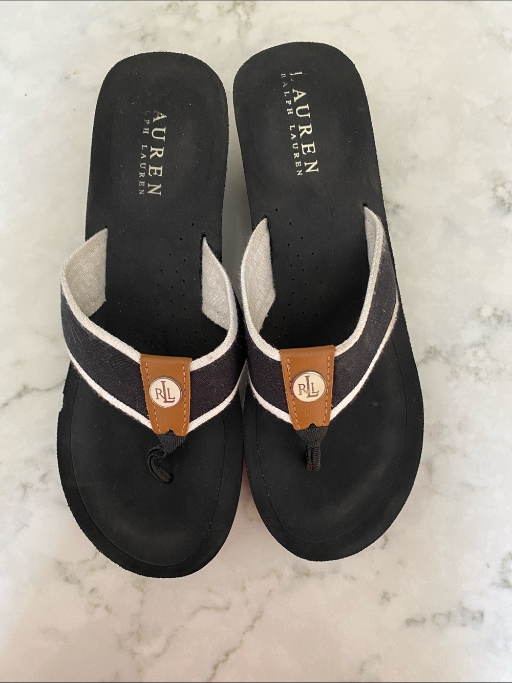 Lauren Ralph Lauren Black Sandal Thong with Brown Logo Accent